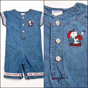 Vintage Boys Snoopy Peanuts Cartoon Baby Romper Denim Baseball Theme 3/6 Months